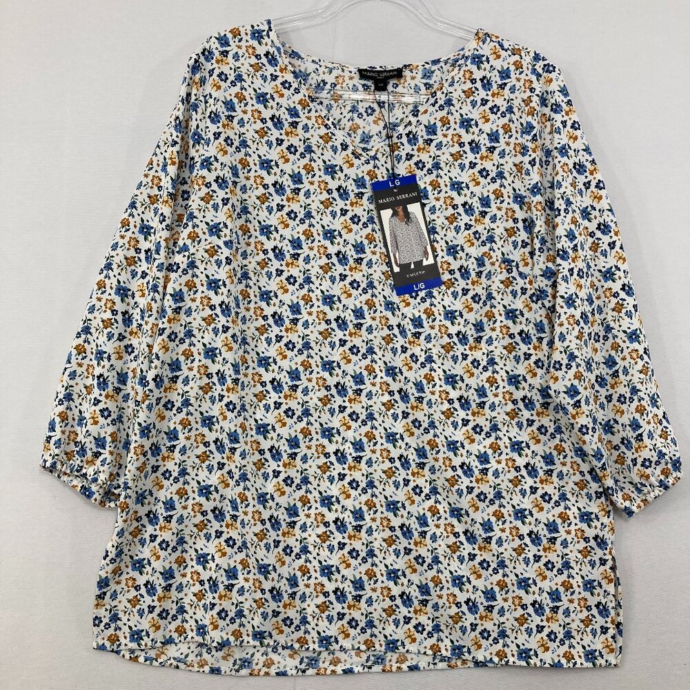 New Mario Serrani Large Multi Color Floral V Neck 3/4 Sleeve Blouse Feminine